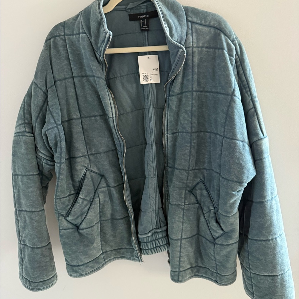 Forever 21 Teal Grid Teddy Jacket